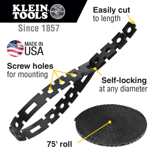 Klein Tools 450-700 Stretch Cable Tie Roll, Cable Management for Cord and Wire with Dispenser Box, Nylon Strap, Mountable, 75-Foot