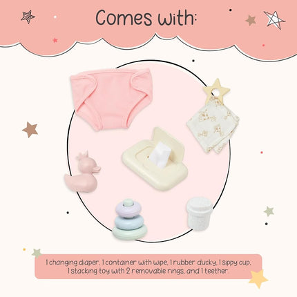 LullaBaby Baby Doll Changing Set, 9-Piece Play and Care Set, Accessory