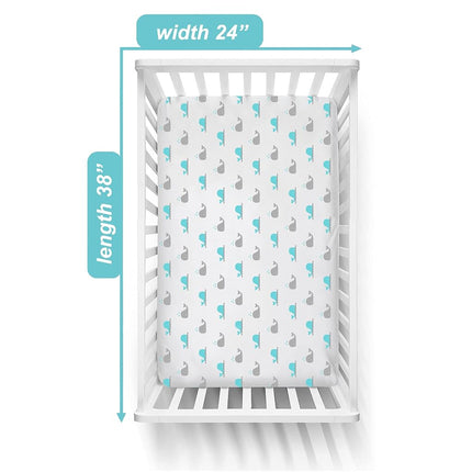 American Baby Company Sábana ajustable de punto de algodón 100 % de 4 piezas para colchones de minicuna Porta, zigzag azul/ballena aguamarina/gris/blanco, para niños y niñas
