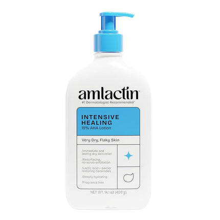 AmLactin Intensive Healing Body Lotion for Dry Skin – 14.1 oz Pump Bottle – 2-in-1 Exfoliator & Moisturizer with Ceramides & 15% Lactic Acid for Relief from Dry Skin (Packaging May Vary)