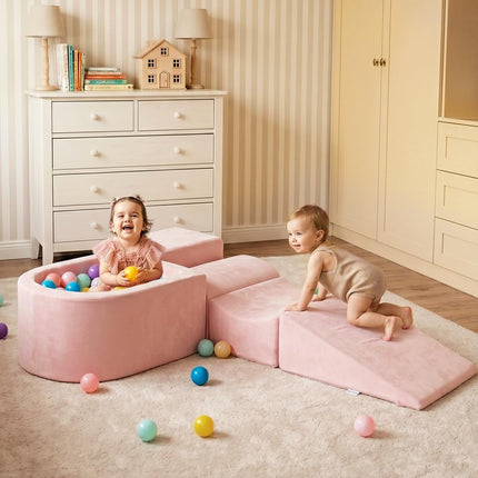 INFANS Climbing Toys for Toddlers, Foam Climbing Blocks and Ball Pit for Baby, 5pc Kids Climb and Crawl Block Activity Structure Play Set, Indoor Foam Play Gym Crawling and Sliding (Pink)