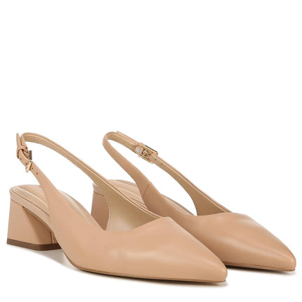 Franco Sarto Womens Racer Slingback Low Block Heel Pointed Toe Pump, Beige Nude Leather, 7 Wide