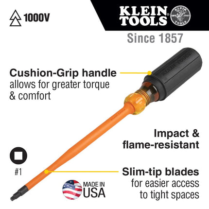 Klein Tools 6986INS Insulated Screwdriver, 1000V Slim Profile Tip, #1 Square with 6-Inch Shank, Cushion-Grip Handle