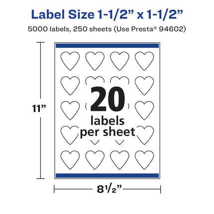 Avery Matte White Heart Labels with Sure Feed, 1.5" x 1.5", 5,000 Matte White Printable Labels