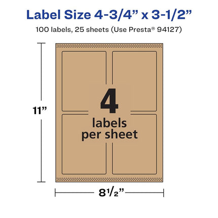 Avery Kraft Brown Rectangle Labels with Sure Feed, 4.75" x 3.5", 100 Kraft Brown Labels, Print-to-The-Edge, Laser/Inkjet Printable Labels