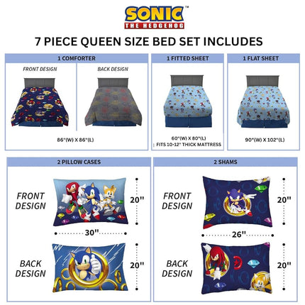 Franco Sonic The Hedgehog Anime Kids Bedding Super Soft Comforter and Sheet Set with Sham, 7 Piece Queen Size, (Official Licensed Product)