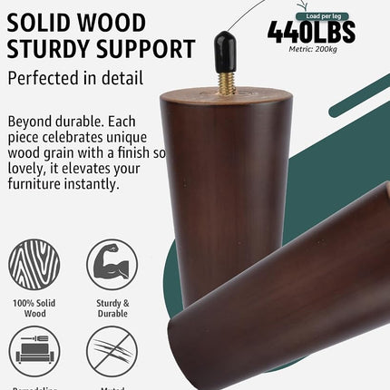 La Vane 4 inch Solid Wood Furniture Legs, Walnut Finish & Tapered, 4-Pack