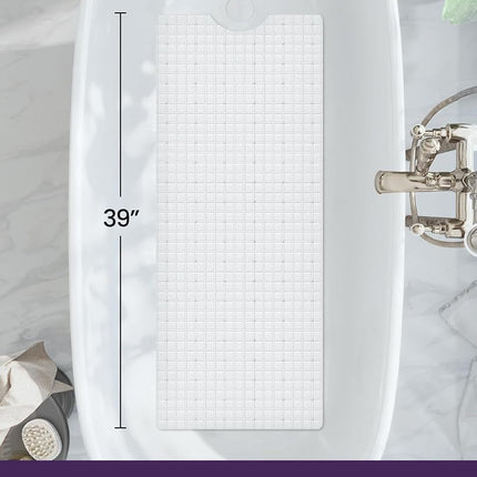 DEXI Bath Tub Shower Mat Non-Slip 16 x 39 Extra Long Bathtub Mats, Suction Cups, Drain Holes, Machine Washable Bathroom Mat, White