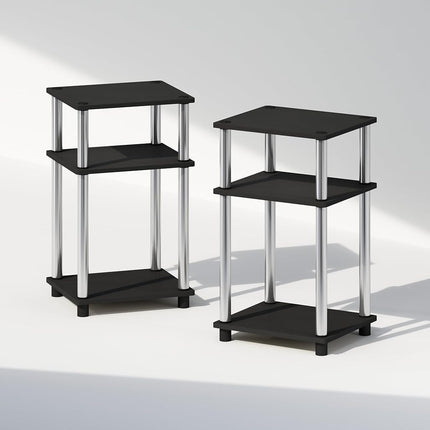 Furinno JUST Night Stand Set of 2, 3-Tier Turn-N-Tube Nightstand, Toolless Bedside Tables, End Table, Side Table with Open Storage for Bedroom, Living Room, Americano/Stainless Steel