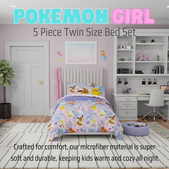 Juego de edredón y sábanas supersuaves para niñas, diseño de anime de Pokémon de Franco, con funda de almohada, tamaño doble, 5 piezas (producto con licencia oficial)