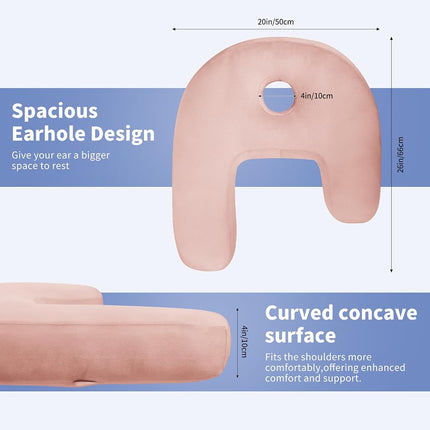 Nockovi 4" Hole Piercing Pillow for Side Sleepers (Pillow with Pink Velvet Pillowcase, J-Shape)