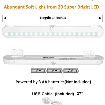 BLS T01L LED Closet Light Super Bright 20 LED Under Cabinet Lighting Battery Powered/DC Input Wireless Motion Sensing Light, Auto On Off Switch, Motion Sensor & Light Sensor, 2 Pack