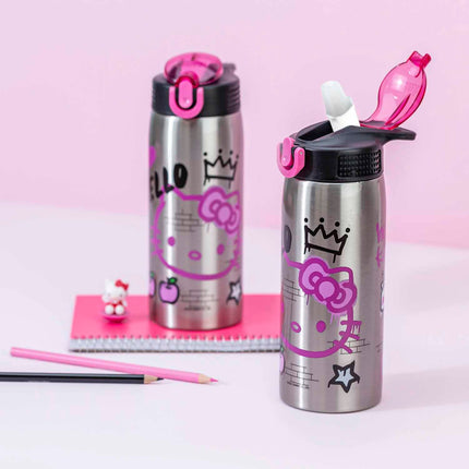Zak Designs Sanrio Botella de agua para viajes y el hogar, 560 ml, acero inoxidable con aislamiento al vacío con tapa de boquilla de bloqueo, asa de transporte integrada, diseño a prueba de fugas (Hello Kitty)