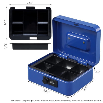 KYODOLED Cash Box with Combination Lock,Safe Metal Box for Money,Storage Lock Box with Money Tray,7.87"x 6.30"x 3.54" Blue Medium