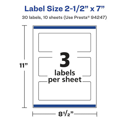 Avery Glossy White Rectangle Labels with Sure Feed, 2.5" x 7", 30 Glossy White Labels, Print-to-The-Edge, Permanent Label Adhesive, Laser/Inkjet Printable Labels