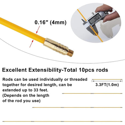 Boeray 33' Fiberglass Running Electrical Wire Cable Pulling Fish Tape kit with 5 Different attachments in a Carrying Case