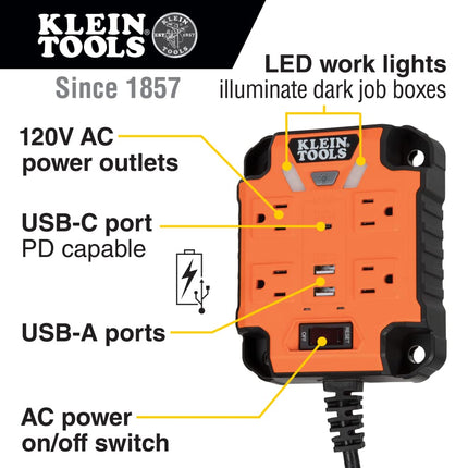 Klein Tools 29601 Magnetic Power Strip with Surge Protector, Extension Cord, 4 Outlets, 3 USB Ports, 5-Foot Cord, Power Supply Box with Light, PowerBox 1, Heavy Duty