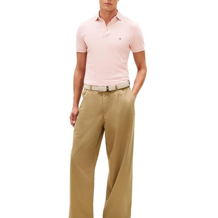 Tommy Hilfiger Men's Short Sleeve Polo Shirts in Slim Fit with Stretch and Organic Pique Cotton, Pale Pink Mottled, XL