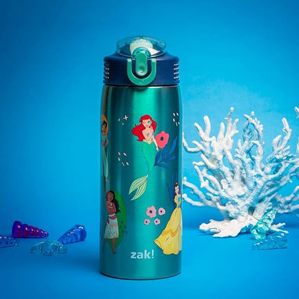 Zak Designs Disney Princess Water Bottle for Travel and At Home, 19 oz Vacuum Insulated Stainless Steel with Locking Spout Cover, Built-in Carrying Loop, Leak-Proof Design (Disney Princess)
