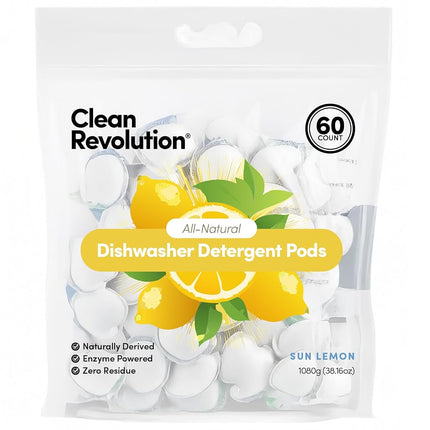 Clean Revolution All Natural Dishwasher Detergent Pods, 60 Pods, Enzyme Powered, No Chemical Additives, No Residue - SUN LEMON - Made in USA