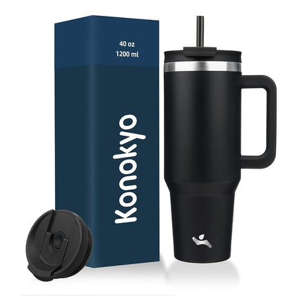 Konokyo 40 oz Tumbler with Handle and 2 Straws,2 in 1 Lid Insulated Water Bottle Stainless Steel Travel Coffee Mug,Black