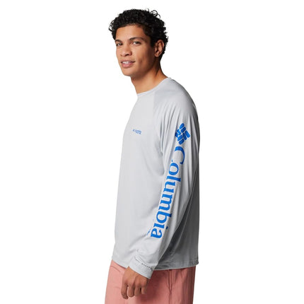 Columbia Men's Terminal Tackle Long Sleeve Fishing Shirt, Cool Grey/Vivid Blue Logo, Large