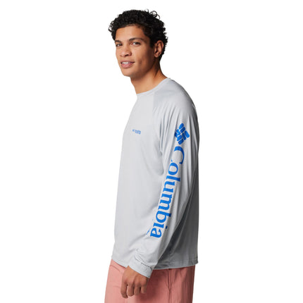 Columbia Men's Terminal Tackle Long Sleeve Fishing Shirt, Cool Grey/Vivid Blue Logo, Large