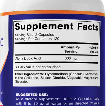Vitamatic Alpha Lipoic Acid (ALA) 600mg Per Serving - 240 Vegetable Capsules - 120 Servings - Non-GMO & Gluten Free