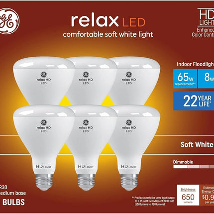 AONELAS GE Relax 6-Pack 65 W Equivalent Dimmable Soft White Br30 LED Light Fixture Light Bulb