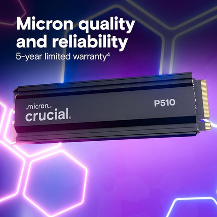 Crucial P510 1TB SSD NVMe M.2 PCIe 5.0 x4 Gen5 with Heatsink, Read/Write Speeds up to 11,000/9,500 MB/s, Desktop PC and PS5 Compatible, TLC NAND, Solid State Drive - CT1000P510SSD5-01