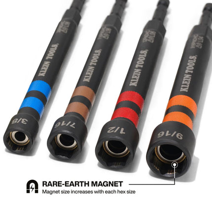 Klein Tools 32940 SAE Magnetic Hollow Impact Nut Drivers Set, 6-Piece Color Coded Hollow Power Nut Driver with Extended Reach, 6 SAE Sizes