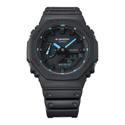 Casio G-Shock Quartz Watch with Analogue Digital Display, Blue Resin Case, Plastic Strap, 200 Metres Waterproof Rating, Long Battery Life, Model GA-2100-1A2ER