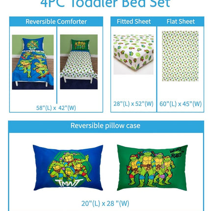 TEENAGE MUTANT NINJA Turtles 4 Piece Toddler Bedding Set – Includes Comforter, Sheet Set – Fitted + Top Sheet + Reversible Pillowcase for Boys Bed, Blue