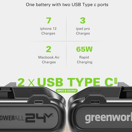 Greenworks 24V 4.0Ah (High Capacity) Lithium-Ion Battery with Dual USB C Ports, Portable Power Bank (Genuine Greenworks Battery/ 150+ Compatible Tools)