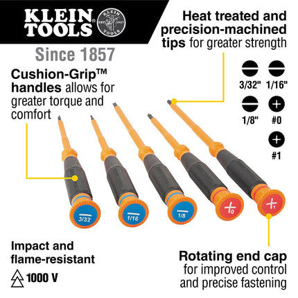 Klein Tools 6264INS Insulated Precision Screwdriver, #1 Phillips Mini Electrician Screwdriver, 1000-Volt Cushion Grip Handle