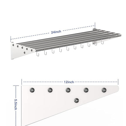 Takywep Stainless Steel Hanging Rack for Kitchen Storage and Organization, [NSF Certified] 12" W*24" L shelf with 10 S Hooks for Hanging Pots, Pans in Home Kitchen, Restaurant & Hotel