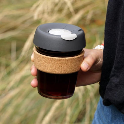 KeepCup Brew Cork, Reusable Tempered Glass Coffee Cup with Recovered Cork Band and Splashproof Lid, Barista Standard, BPA Free, Dishwasher Safe, 340ml 12oz Press