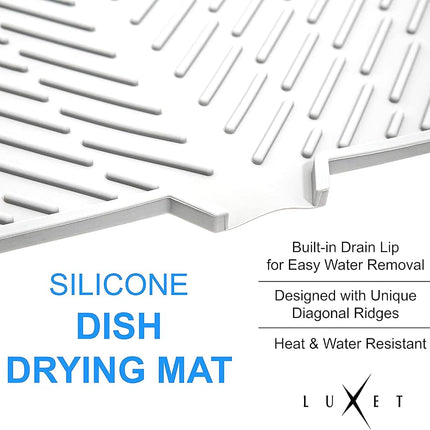 Luxet Silicone Dish Drying Mat with Built-in Drain Lip - Hygienic Drying Pad - Sturdy Compact Easy to Clean Tray Protects Surfaces Prevents Water Build Up - 23 X 17 (White)