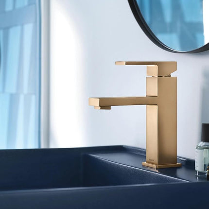 Moen Revyl Bronzed Gold One-Handle Single Hole Modern Bathroom Sink Faucet with Optional Deckplate and Spring Loaded Drain Assembly, 84771BZG