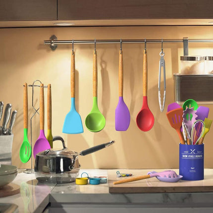 Umite Chef Silicone Cooking Utensils Set, 24 pcs Non-stick Spatula Set with Holder, Wood Handle Heat Resistant Silicone Kitchen Gadgets (Colorful)