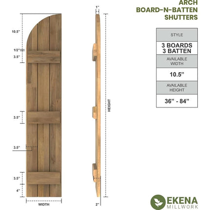 Ekena Millwork ARW401BQ311X33UNH Americraft Three 3 Exterior Real Wood Joined Board-n-Batten Shutters w/Arch Top (Per Pair), 10 1/2"W x 33"H, Unfinished