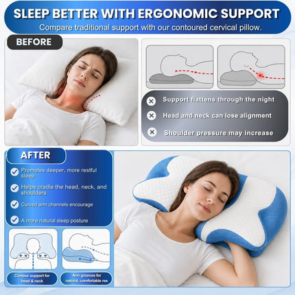 Glow and Save Cervical Pillow for Neck, Ergonomic Butterfly Memory Foam Pillow for Sleeping with Washable Cover, Neck Support Pillow for Side, Back & Stomach Sleepers