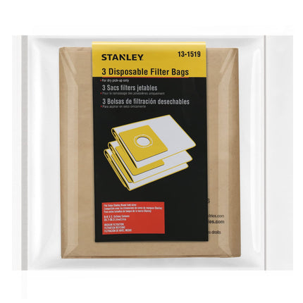 Stanley 13-1519 Bolsa de filtro desechable para aspiradoras en húmedo/seco SL18016 y SL18017, paquete de 3