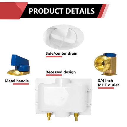 EFIELD Washing Machine Outlet Box with Center Drain,1/2-Inch Push-Fit Connection, 3/4-Inch MHT Outlet with 1/4-Turn Ball Valves Installed, White