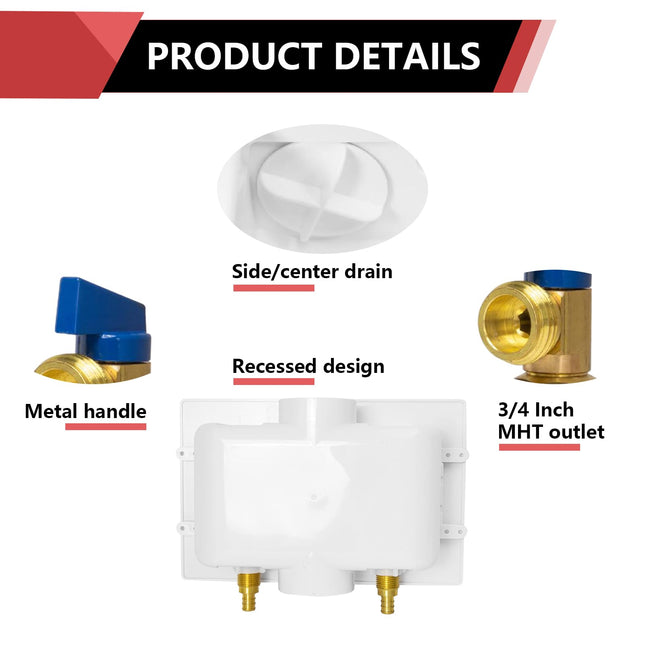 EFIELD Washing Machine Outlet Box with Center Drain,1/2-Inch Push-Fit Connection, 3/4-Inch MHT Outlet with 1/4-Turn Ball Valves Installed, White