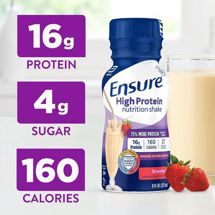 Ensure Batido nutricional de fresa rico en proteínas, listo para beber, 16 g de proteína y 27 vitaminas y minerales, 8 fl oz, paquete de 24