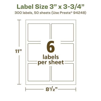 Etiquetas rectangulares recicladas mate blancas ecológicas Avery, 3" x 3.75", impresión hasta el borde, etiquetas mate blancas, adhesivo permanente, imprimibles con láser/inyección de tinta, 300 en total
