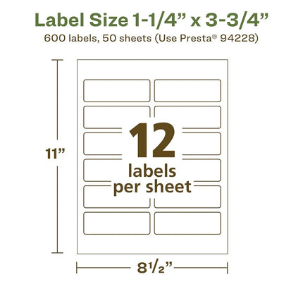 Étiquettes rectangulaires Avery EcoFriendly blanc mat recyclé, 3,18 cm x 9,53 cm, imprimables jusqu'au bord, étiquettes blanc mat, adhésif permanent, imprimables laser/jet d'encre, 600 au total