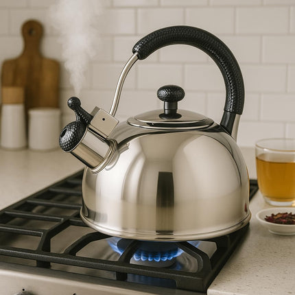Creative Home Cobra 2.7 Quart Stainless Steel Whistling Kettle Stovetop Tea Pot Resist Handle and Aluminum Capsulated Bottom for Even Heat Distribution, Mirror Finished