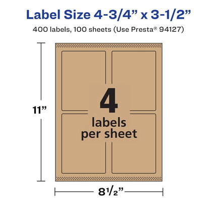 Avery Kraft Brown Rectangle Labels with Sure Feed, 4.75" x 3.5", 400 Kraft Brown Labels, Print-to-The-Edge, Laser/Inkjet Printable Labels